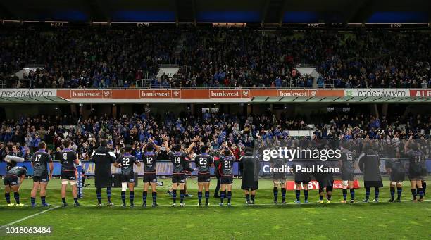 The Wild Knights acknowledge the spectators following the World Series Rugby match between the Force and Wild Knights at nib Stadium on August 17,...