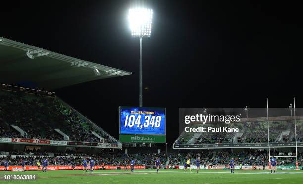 The 2018 season attendance figure is displayed during the World Series Rugby match between the Force and Wild Knights at nib Stadium on August 17,...