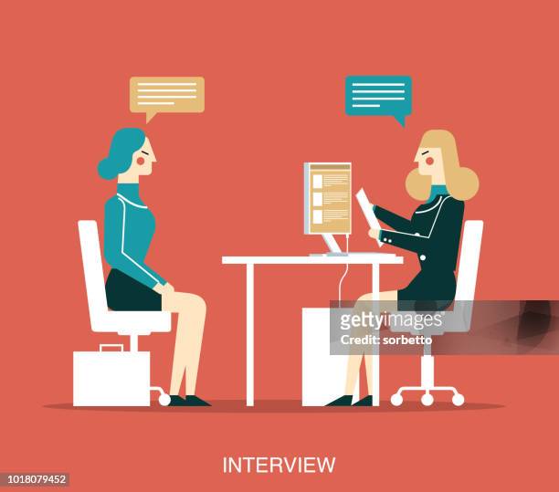stockillustraties, clipart, cartoons en iconen met zakenvrouw - interview - sollicitatiegesprek