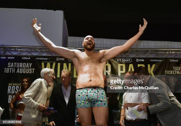 Tyson Fury pictured during the weigh in for his fight with Francesco Pianeta on August 17, 2018 in Belfast, Northern Ireland. Windsor park will host...