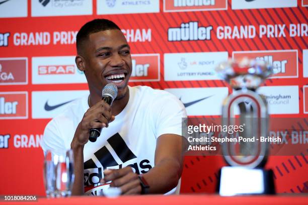 Zharnel Hughes of Great Britain speaks during a press conference ahead of the Muller Grand Prix Birmingham IAAF Diamond League event on August 17,...
