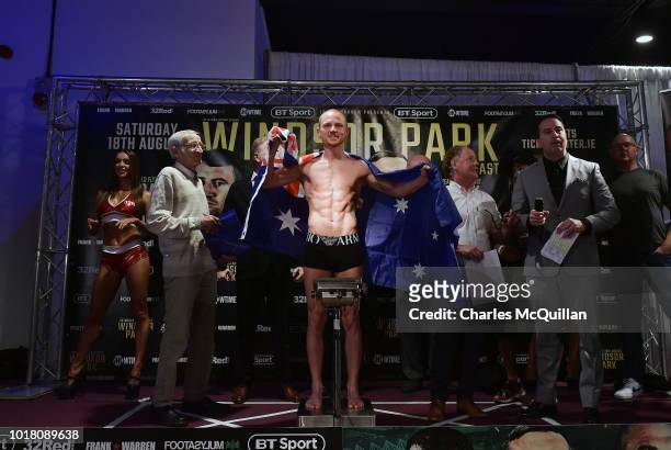 Luke Jackson pictured during the weigh in for his fight with Carl Frampton on August 17, 2018 in Belfast, Northern Ireland. Windsor park will host...