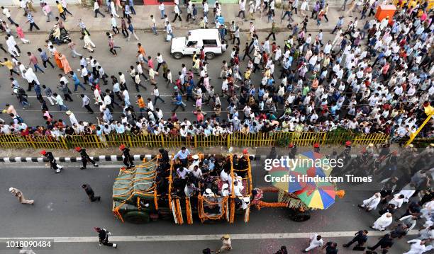 Prime Minister Narendra Modi and BJP President Amit Shah participate in the former Prime Minister Atal Bihari Vajpayee's funeral procession at...