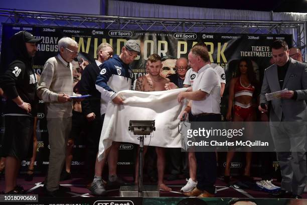 Carl Frampton pictured during the weigh in for his fight with Luke Jackson on August 17, 2018 in Belfast, Northern Ireland. Windsor park will host...