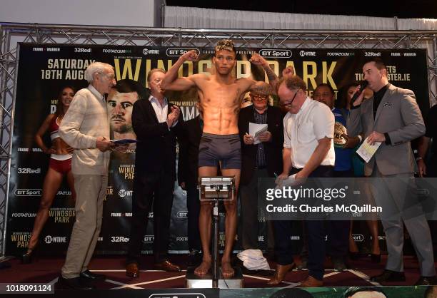 Cristopher Rosales pictured during the weigh in for his fight with Paddy Barnes on August 17, 2018 in Belfast, Northern Ireland. Windsor park will...