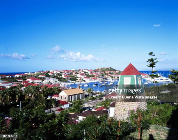 st. barthelemy, gustavia, bell tower of church - gustavia harbour stock pictures, royalty-free photos & images