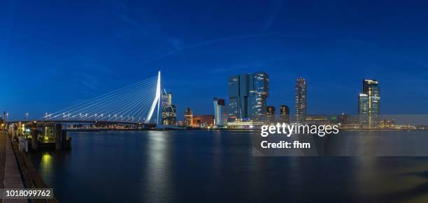 rotterdam skyline with erasmusbridge at blue hour (southholland, netherlands) - rotterdam skyline stock pictures, royalty-free photos & images