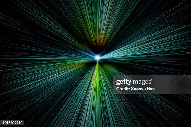 abstract big data, fiber optic light painting on black background. - green vanishing point stock pictures, royalty-free photos & images