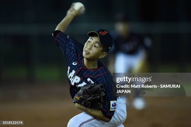Pitcher Yamato Nishimura of Japan throws in the bottom of the second inning during the BFA U-12 Asian Championship Super Round match between South...