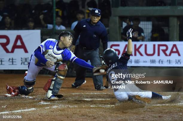 Rui Tomoda of Japan is tagged out in the top of the fourth inning during the BFA U-12 Asian Championship Super Round match between South Korea and...
