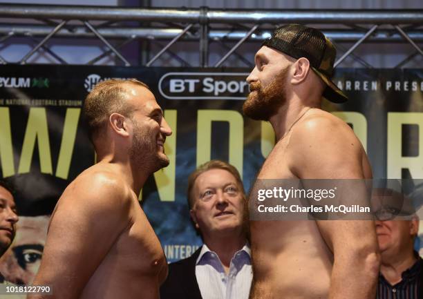 Tyson Fury goes head to head with opponent Francesco Pianeta during the pre fight weigh in on August 17, 2018 in Belfast, Northern Ireland. Windsor...