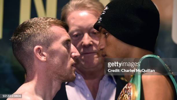 Cristopher Rosales and Paddy Barnes go head to head during the weigh in for their fight on August 17, 2018 in Belfast, Northern Ireland. Windsor park...