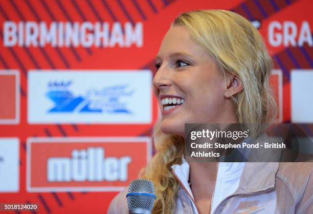 Sandi Morris of USA speaks during a press conference ahead of the Muller Grand Prix Birmingham IAAF Diamond League event on August 17, 2018 in...