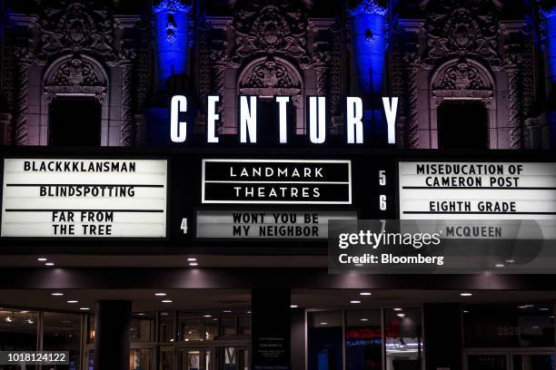 The titles of movies now playing are displayed on the marquee of the Landmark Century Centre Cinema in Chicago, Illinois, U.S., on Thursday, Aug. 16,...