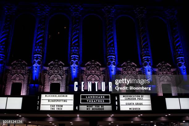 The titles of movies now playing are displayed on the marquee of the Landmark Century Centre Cinema in Chicago, Illinois, U.S., on Thursday, Aug. 16,...