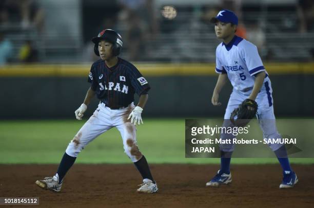 Daiki Saito of Japan looks to steal third base in the top of the sixth inning during the BFA U-12 Asian Championship Super Round match between South...