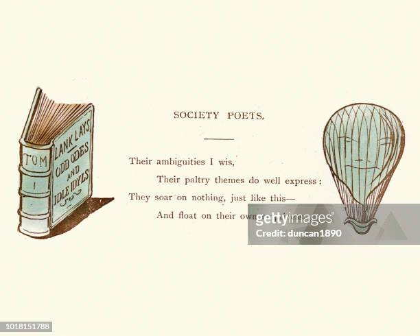 victorian satirical cartoon, society poets full of hot air - poetry literature stock illustrations