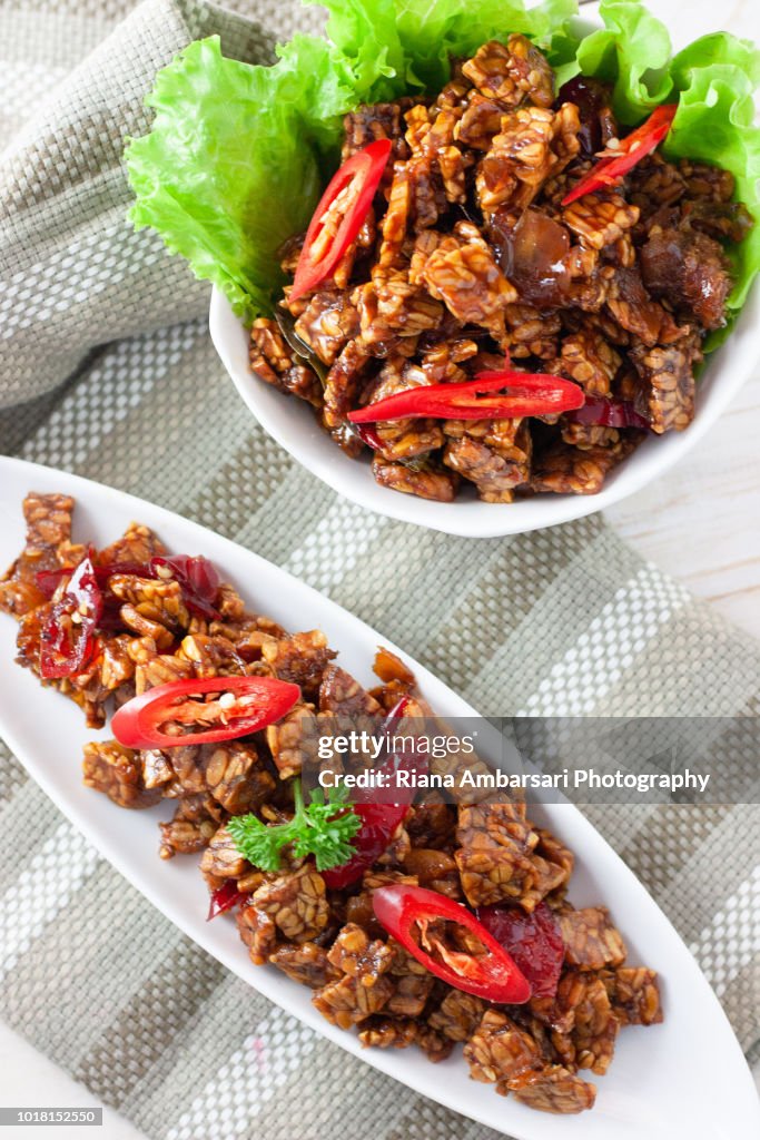 Tempeh Orek or Scrambled Tempeh - Indonesian Food - shot overhead in clean simple styling