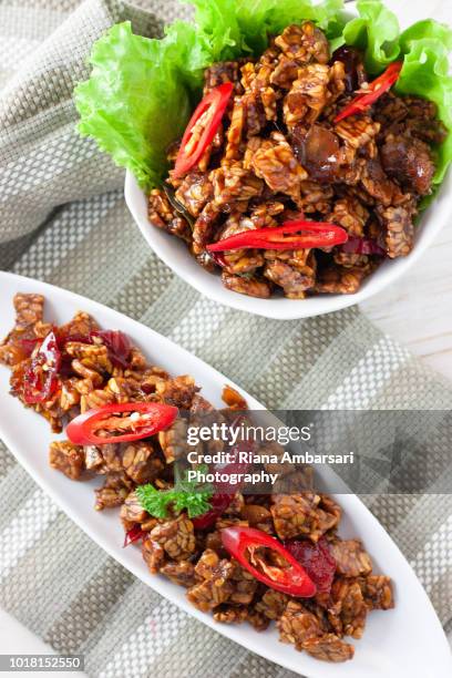 tempeh orek or scrambled tempeh - indonesian food - shot overhead in clean simple styling - stir fried tempeh stock pictures, royalty-free photos & images