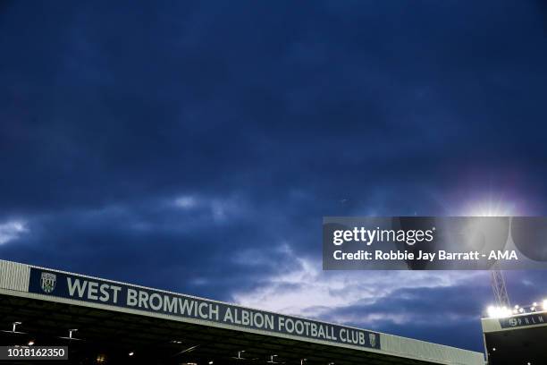 West Bromwich Albion branding under dusk skies during the Carabao Cup First Round match between West Bromwich Albion and Luton Town at The Hawthorns...