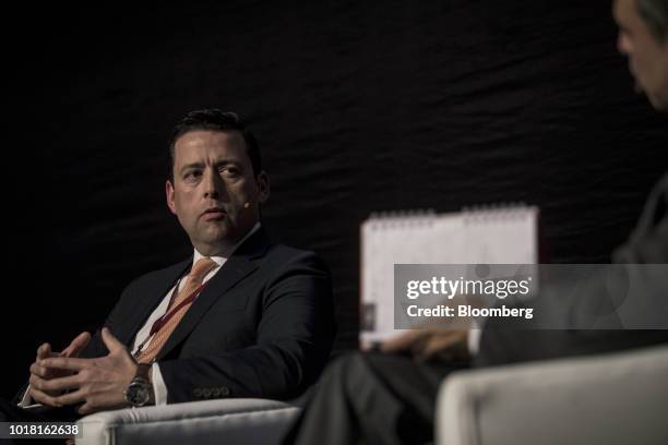 Raimundo Kirsten, chief financial officer of AJE Group, speaks during the Peru CFO Summit in Lima, Peru, on Thursday, Aug. 16, 2018. The summit...