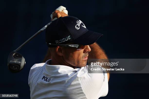 Jonathan Byrd plays his shot from the tenth tee during the second round of the Wyndham Championship at Sedgefield Country Club on August 17, 2018 in...