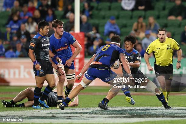 Takuya Yamasawa of the Wild Knights runs the ball during the World Series Rugby match between the Force and Wild Knights at nib Stadium on August 17,...