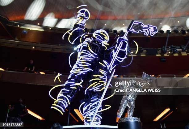 The VMA throphy known as "Moon Person" is seen during the 2018 MTV Video Music Awards press junket at Radio City Music Hall in New York on August 17,...