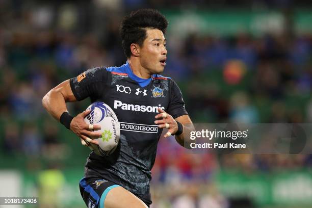 Akihito Yamada of the Wild Knights runs the ball during the World Series Rugby match between the Force and Wild Knights at nib Stadium on August 17,...