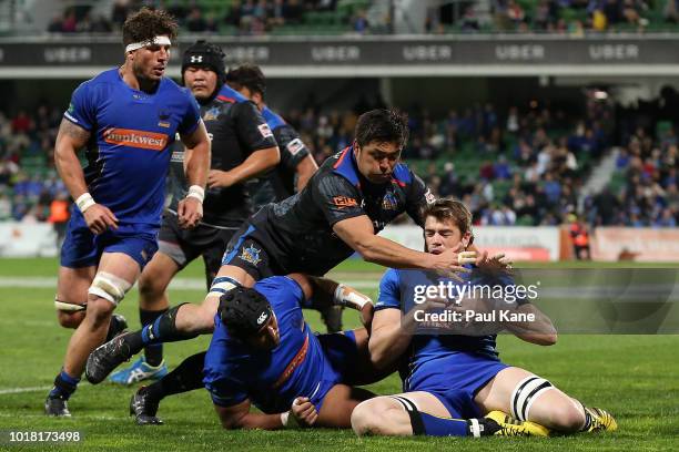 Fergus Lee-Warner of the Force dives onto a loose ball during the World Series Rugby match between the Force and Wild Knights at nib Stadium on...