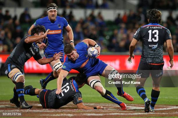 Harrison Orr of the Force looks to avoid being tackled during the World Series Rugby match between the Force and Wild Knights at nib Stadium on...