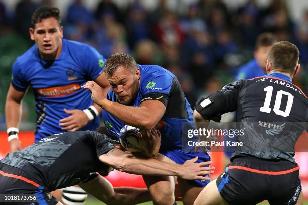 Chris Heiberg of the Force runs the ball during the World Series Rugby match between the Force and Wild Knights at nib Stadium on August 17, 2018 in...