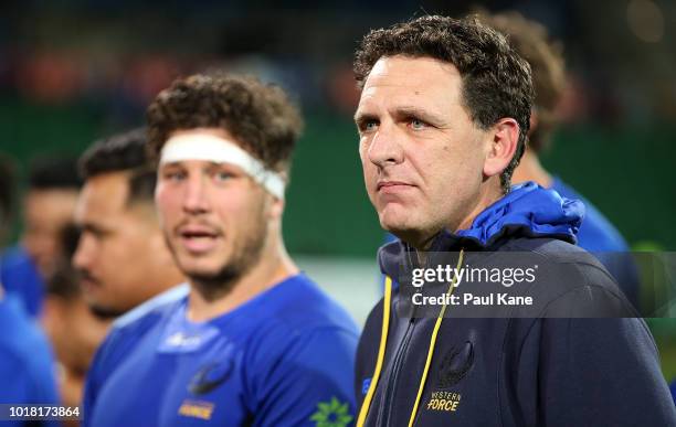 Tim Sampson, head coach of the Force looks on after winning the World Series Rugby match between the Force and Wild Knights at nib Stadium on August...