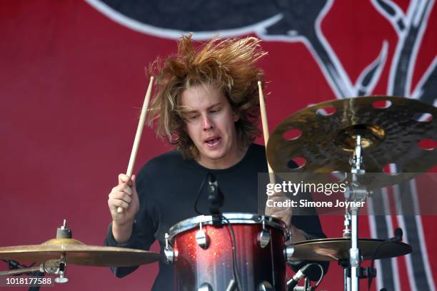 Drummer Colin Jones of Circa Waves performs live on stage during day one of RiZE Festival at Hylands Park on August 17, 2018 in Chelmsford, England.