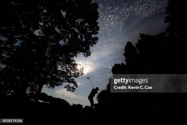 Stewart Jolly plays his shot from the second tee during the second round of the Wyndham Championship at Sedgefield Country Club on August 17, 2018 in...