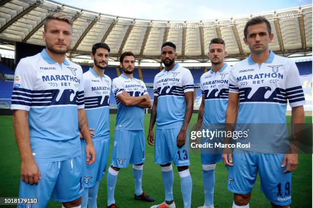 Ciro Immobile, Luis Alberto, Marco Parolo, Fortuna Wallace, Sergej Milinkovic Savic eand Senad Lulc SS Lazio unveils new sponsor Marathonbet at...