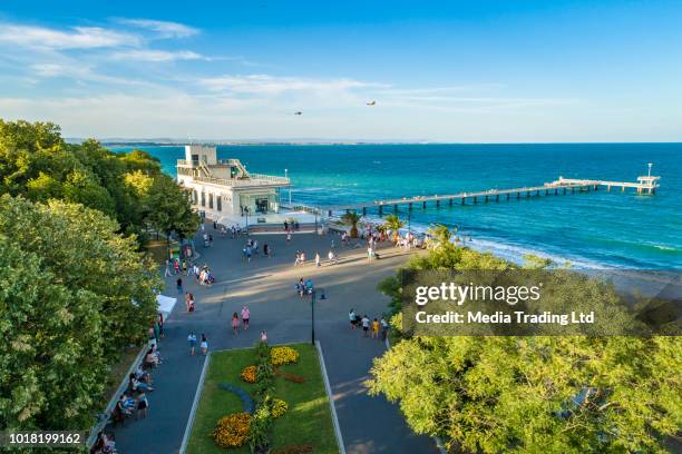 lively aerial drone view over the sea garden in burgas, bulgaria ultra wide shot - burgas stock pictures, royalty-free photos & images