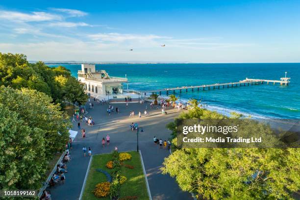 lively aerial drone view over the sea garden in burgas, bulgaria ultra wide shot - bulgaria city stock pictures, royalty-free photos & images