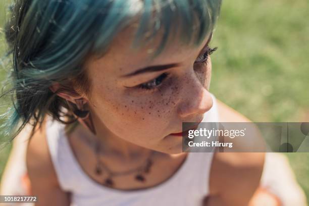 girl with green hair - green hair stock pictures, royalty-free photos & images