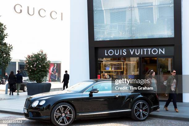 Bentley car Louis Vuitton designer Gucci fashion shop at Istinye Park shopping mall near Levent business center Istanbul, Turkey