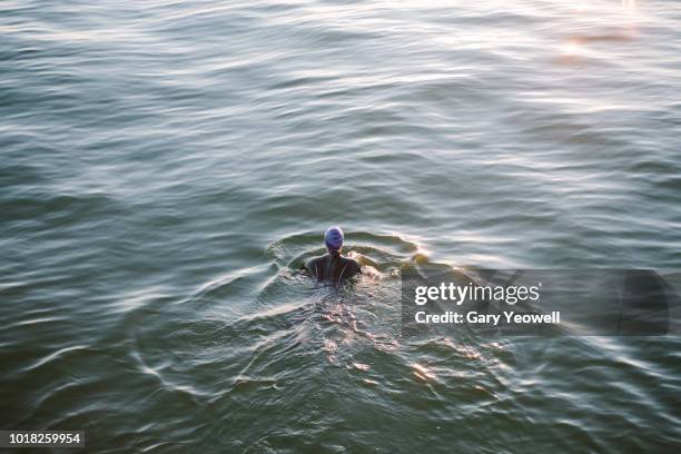 female open water swimmer in the sea - sea swimming stockfoto's en -beelden