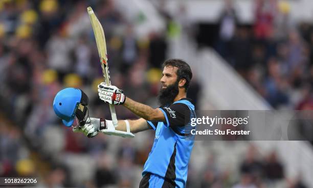 Worcestershire batsman Moeen Ali celebrates his century during the Vitality Blast match between Birmingham Bears and Worcestershire Royals at...