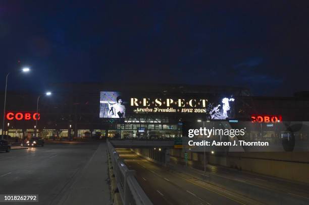 Signage remembering singer Aretha Franklin, the 'Queen of Soul', are shown around the City of Detroit on August 16, 2018 in Detroit, Michigan. The...