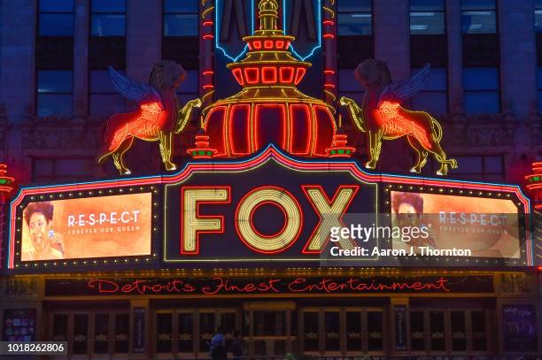 Signage remembering singer Aretha Franklin, the 'Queen of Soul', are shown around the City of Detroit on August 16, 2018 in Detroit, Michigan. The...