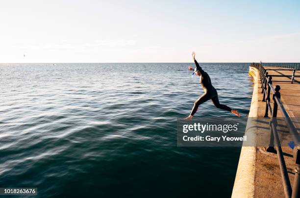 female open water swimmer jumping into the sea - open water swimming stock pictures, royalty-free photos & images