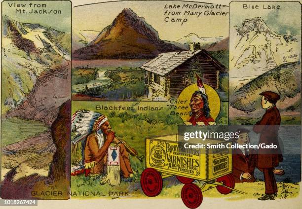 Color illustration depicting several views of "Glacier National Park, " including the "View from Mount Jackson, " "Lake McDermott - from Many Glacier...