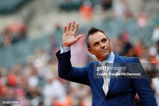 Former Baltimore Orioles second baseman Brian Roberts is inducted into the Orioles Hall of Fame before game two of a doubleheader between the Boston...
