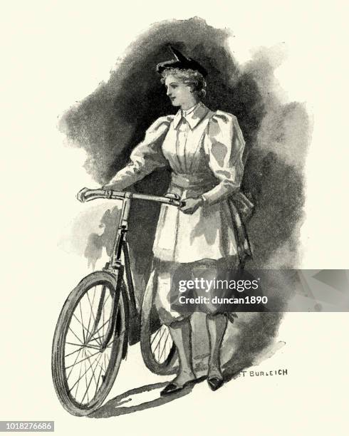 stockillustraties, clipart, cartoons en iconen met victoriaanse womens modes, jaren 1890 outfit voor het berijden van een fiets - breeches