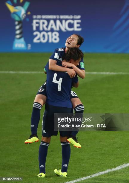 Moeka Minami and Fuka Nagano of Japan celebrate after the FIFA U-20 Women's World Cup France 2018 Quarter Final quarter final match between Germany...