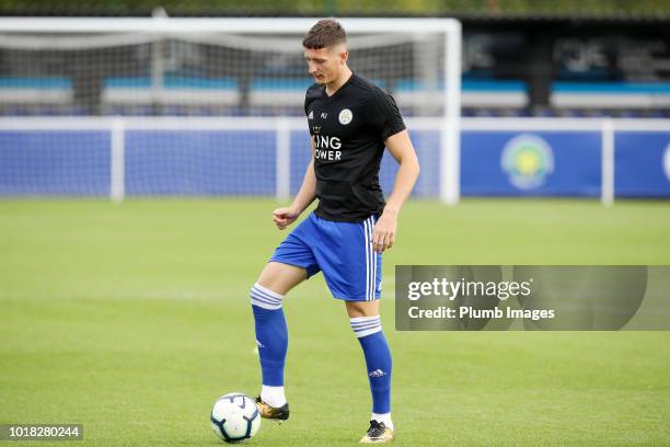 Ryan Loft of Leicester City warms up ahead of the Premier League International Cup tie between Leicester City and Reading at Holmes Park on August...